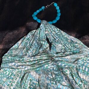NWT SKY HALTER TOP L, green, cream and blue design, turquoise necklace